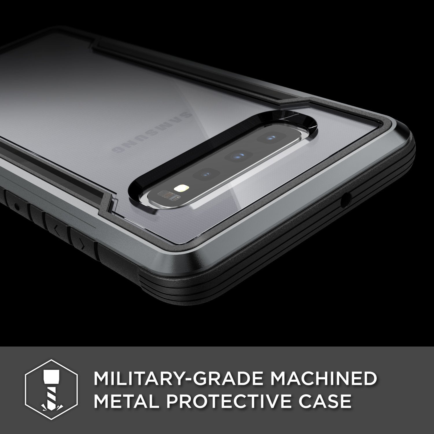 Smartkoshk Defense Shield case for Samsung Galaxy S10 Plus, black drop-tested case with 3M durability, shown on the phone.