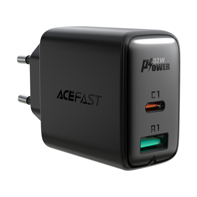 ACEFAST A5 PD32W dual port charger with USB-C and USB-A ports, compact black charger for fast device charging.