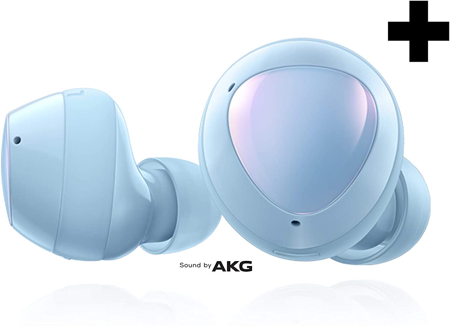 Samsung Galaxy Buds Plus by AKG in blue with charging case, wireless earbuds shown in the image.
