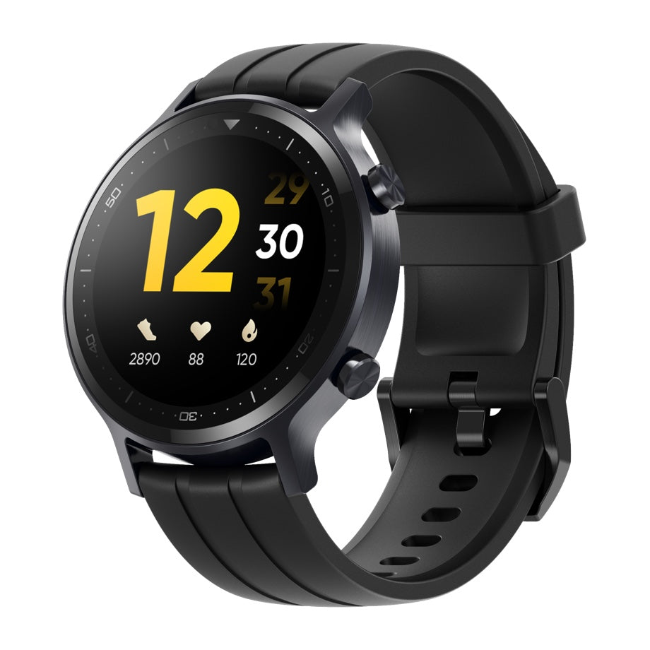 Realme Watch S 1.3-inch black smartwatch showing digital display with health and fitness tracking features.