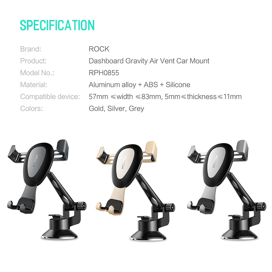 Gravity By Rock High Quality Metal Car Phone Holder Gold