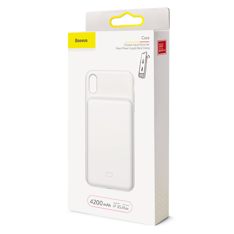 Baseus Liquid Silicone Smart Power Case in white with 4200mAh battery for iPhone XS Max 6.5-inch, showing the silicone exterior and design.
