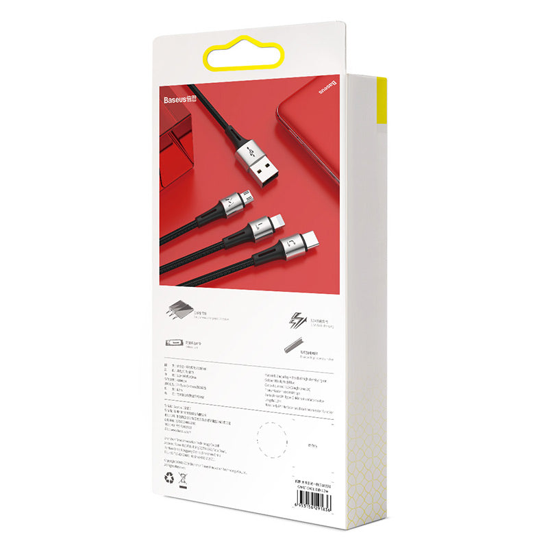 Baseus Caring Nylon Anti cut Cable 1-in-3 ( iPhone – Type C – Micro ) Black