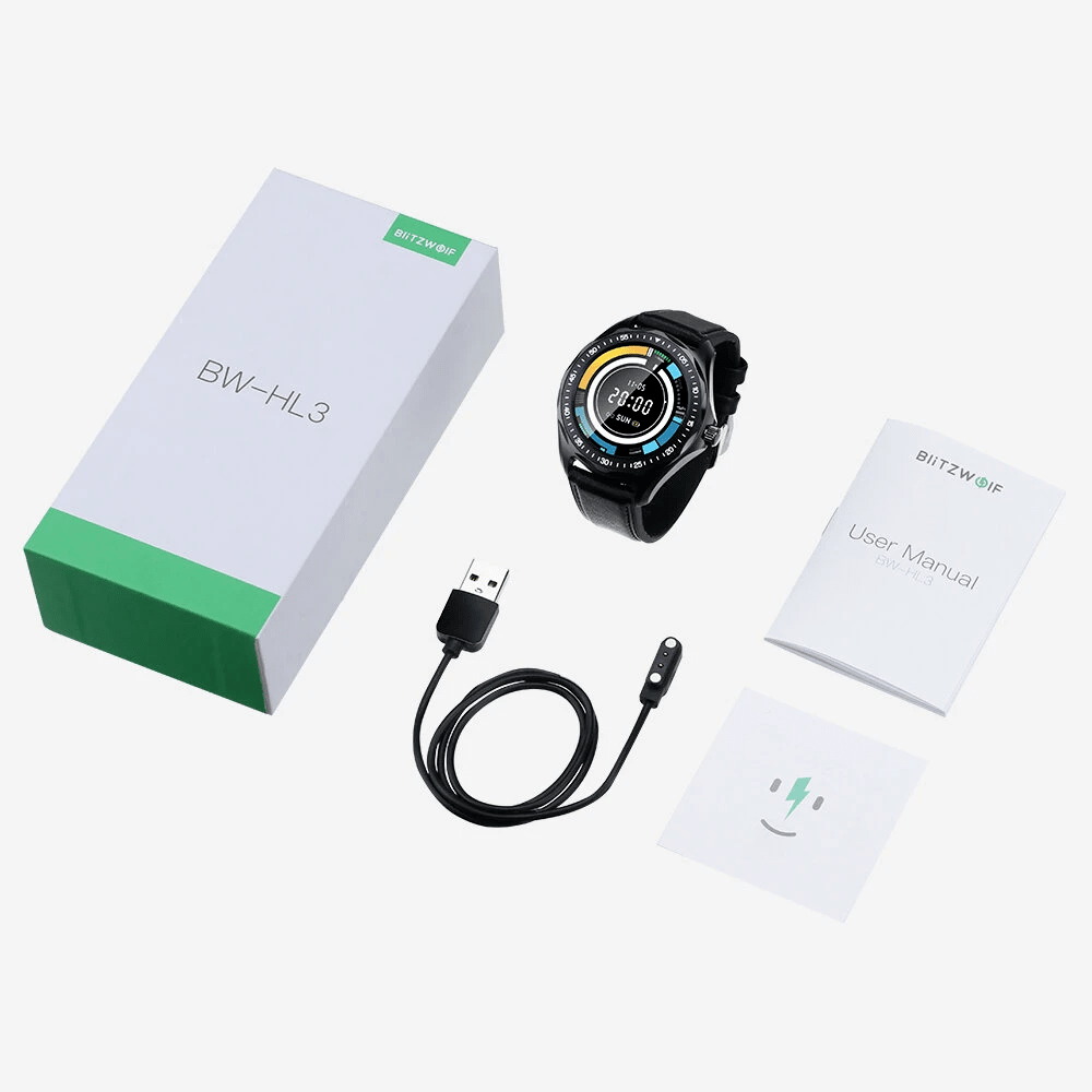 BlitzWolf BW-HL3 SmartWatch with 1.3-inch full touch display, brown band, fitness tracking, health features, and sleek design.