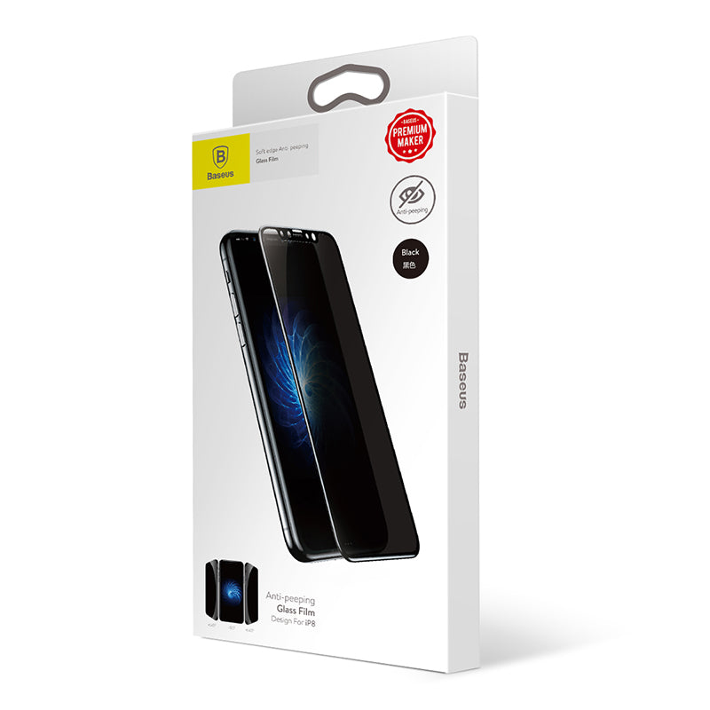 Black Baseus Arc-surface anti-peeping tempered glass screen protector for iPhone X, 0.23mm thin, showing the front view.