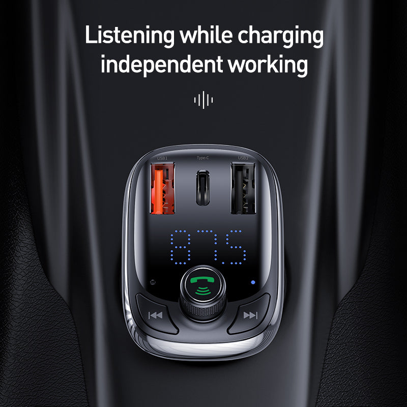 Baseus T typed Car Charger, Mic, FM, BT v5.0, MP3 Player, QC3.0 + PD