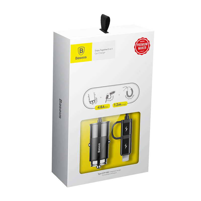 Baseus Enjoy Together 2-in-1 Car Charger &amp; Cable for iP/USB-C - Black
