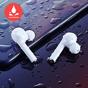 White Mpow M10 TWS in-ear headphones with detection sensors, 4 microphones, IPX5 water resistance, and up to 6 hours of playback.