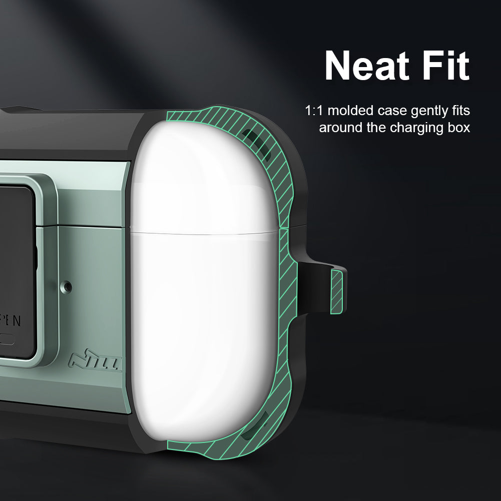 Nillkin Bounce case for AirPods Pro with anti-shock design and hook, showing the protective transparent cover on a white background.