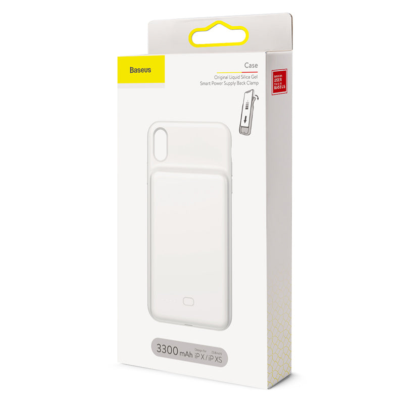 White Baseus Liquid Silicone Smart Power Case for iPhone XS with 3300mAh battery, showing the sleek silicone exterior and charging port