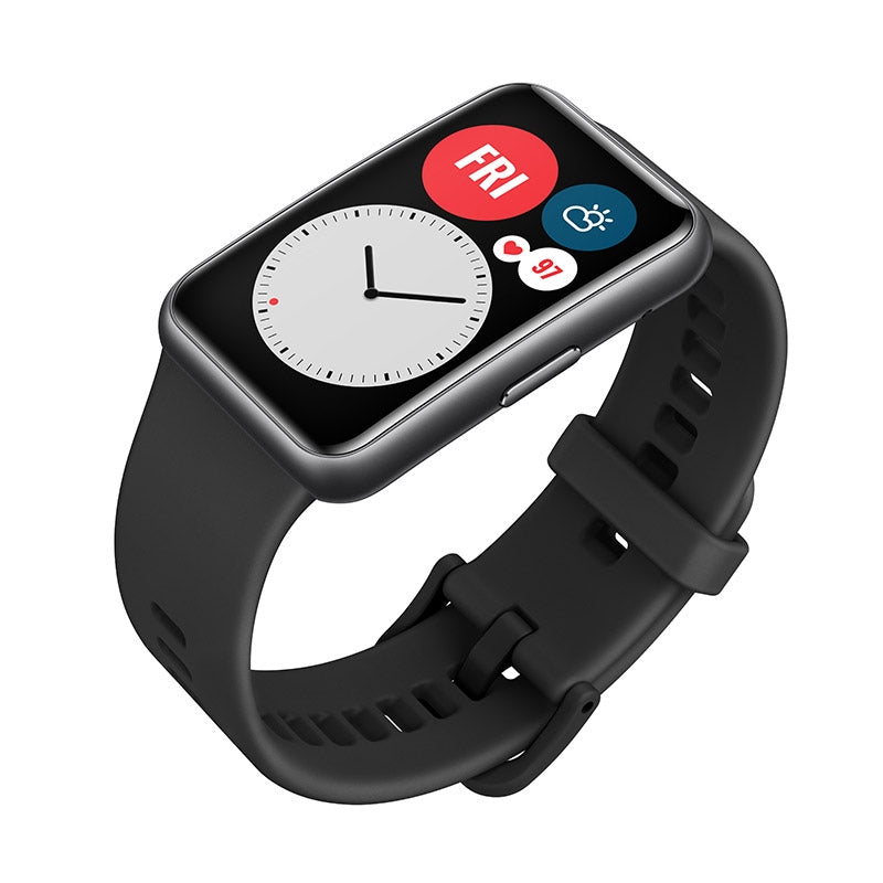 Huawei Watch Fit in black, featuring SpO2 and heart rate monitor, showcasing a sleek design and vibrant display.