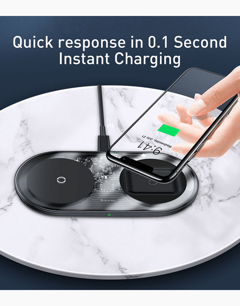 Baseus Simple 2in1 Wireless Charger Pro Edition for phones and AirPods in a transparent design.