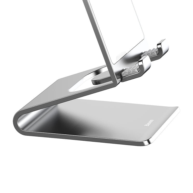 Baseus aluminum desktop bracket with glass back in silver, showcasing sleek design and sturdy support for devices.