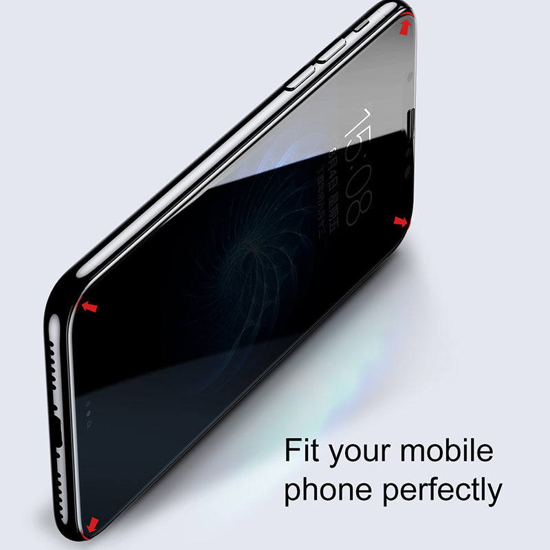Black Baseus Arc-surface anti-peeping tempered glass screen protector for iPhone X, 0.23mm thick, displayed on a smartphone.