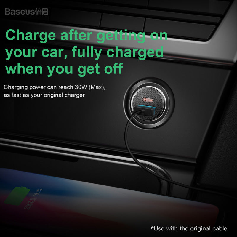Smartkoshk circular car charger with dual USB ports and Type C PD, 30W power output, shown plugged into a vehicle's power socket.