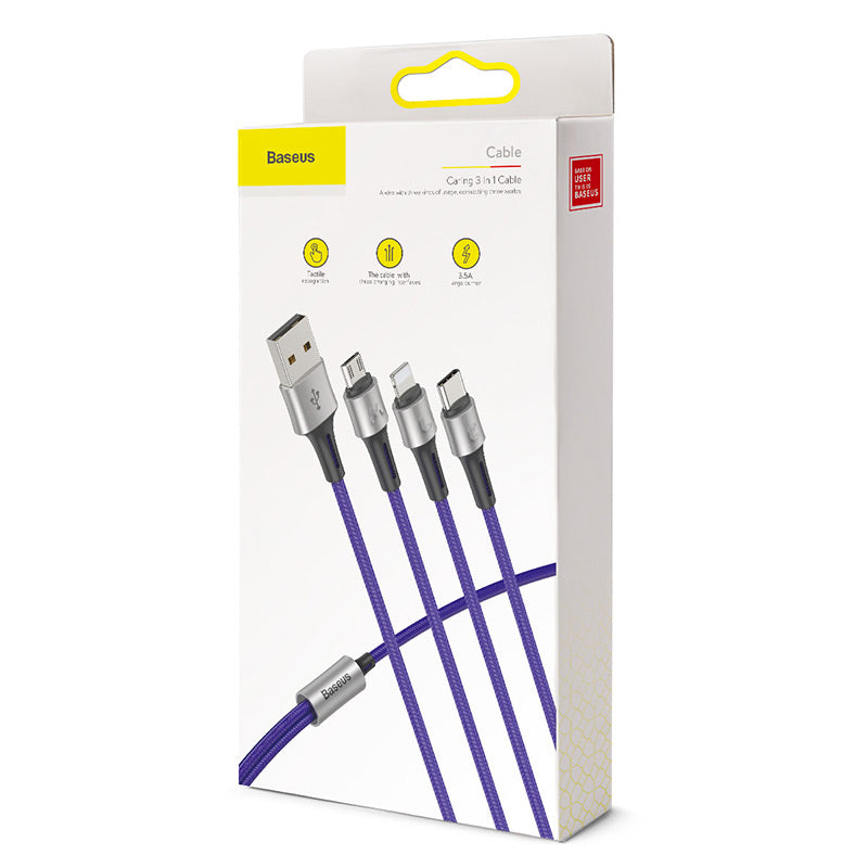 Smartkoshk Caring كابل 3*1 USB-C, micro, iPhone nylon braided cable with zinc alloy connectors and cut-resistant design.