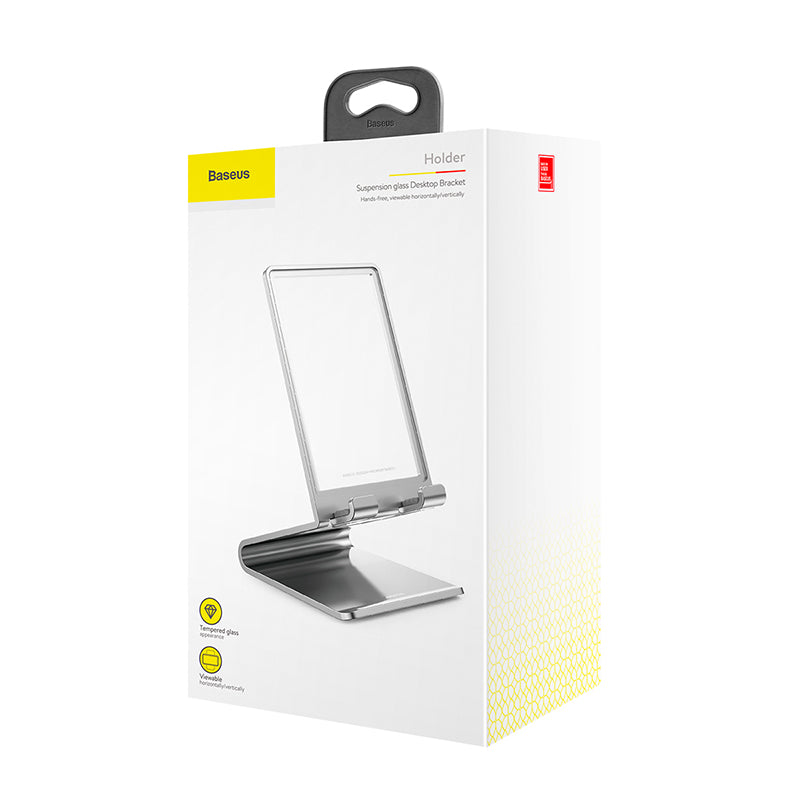 Baseus aluminum desktop bracket with glass back in silver, showcasing a sleek and modern design for device support.