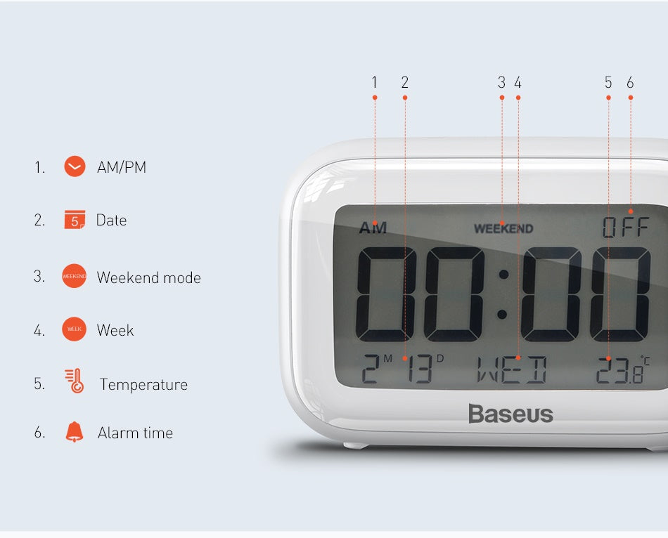 Smartkoshk Subai من بيسوس smart alarm clock with LCD display showing time, date, and temperature.