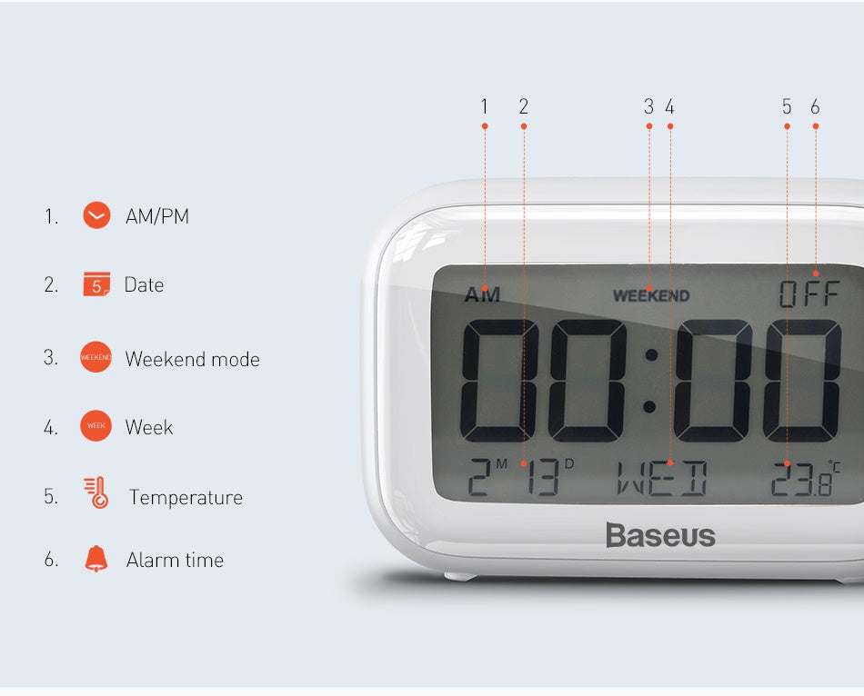 Baseus Subai Clock LCD Display, Alarm, Temperature, Touch To Snooze...