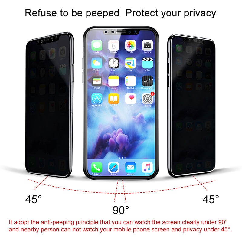 Black Baseus Arc-surface 0.23mm anti-peeping tempered glass screen protector for iPhone X, showing a close-up of the protective film.