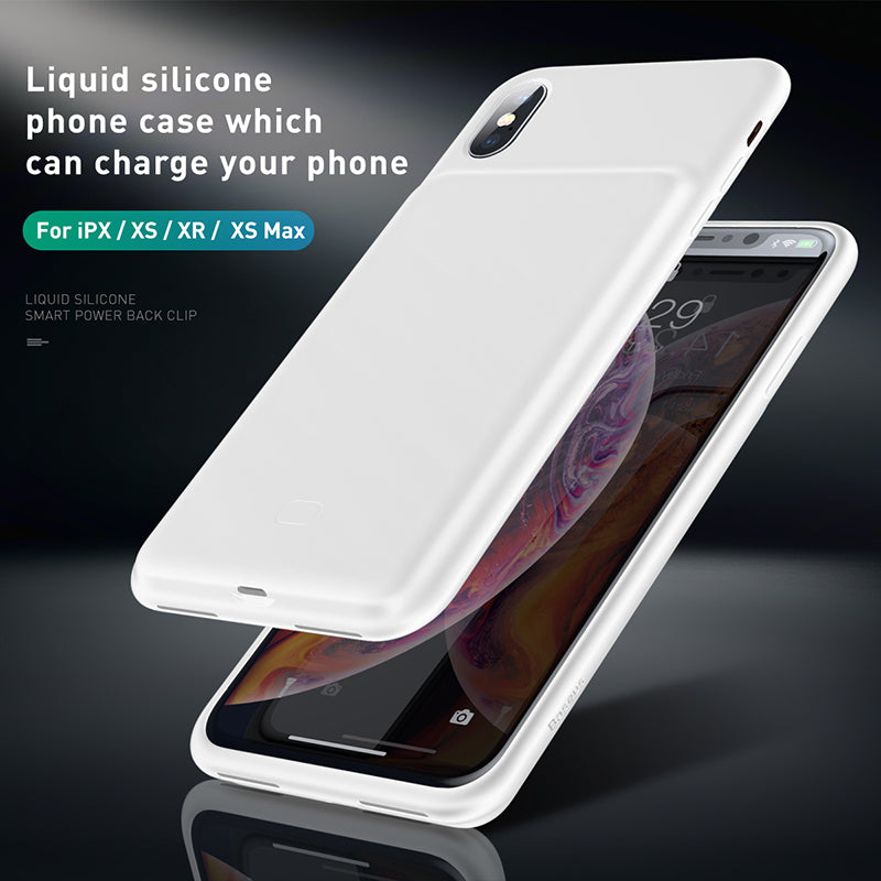 White Baseus Liquid Silicone Smart Power Case for iPhone XS with 3300mAh battery, showing the sleek silicone exterior and charging port