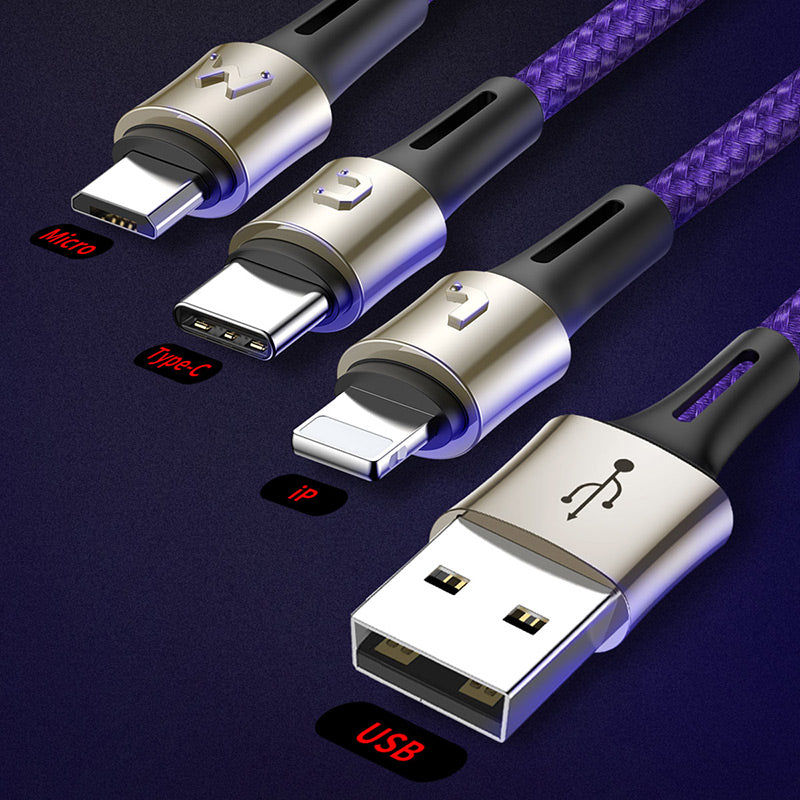Smartkoshk Caring 3-in-1 nylon braided USB cable with zinc alloy connectors for Micro, iPhone, and Type-C devices.
