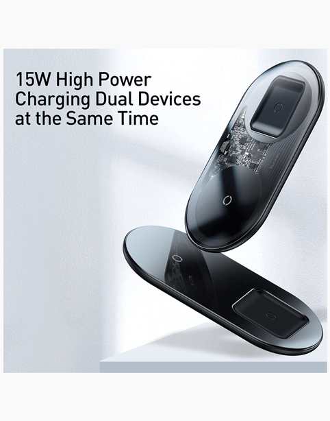 Baseus Simple 2in1 Wireless Charger Pro Edition for phones and pods with a transparent design.