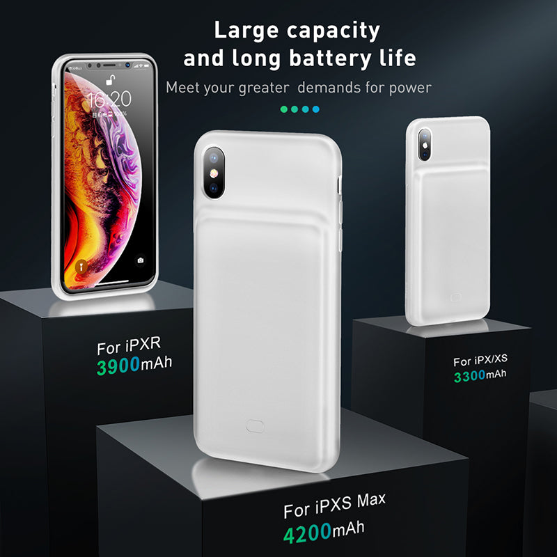 White Baseus Liquid Silicone Smart Power Case with 4200mAh for iPhone XS Max 6.5 inch, shown on the device.