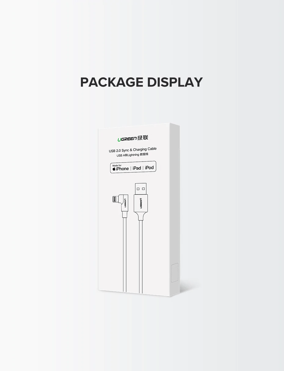 90 Angle كابل معتمد من ابل MFI ماركة Ugreen سريع و مقاوم للقطع رمادى
