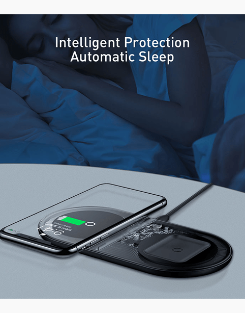 Baseus Simple 2in1 Wireless Charger Pro Edition for phones and AirPods, featuring a transparent design.