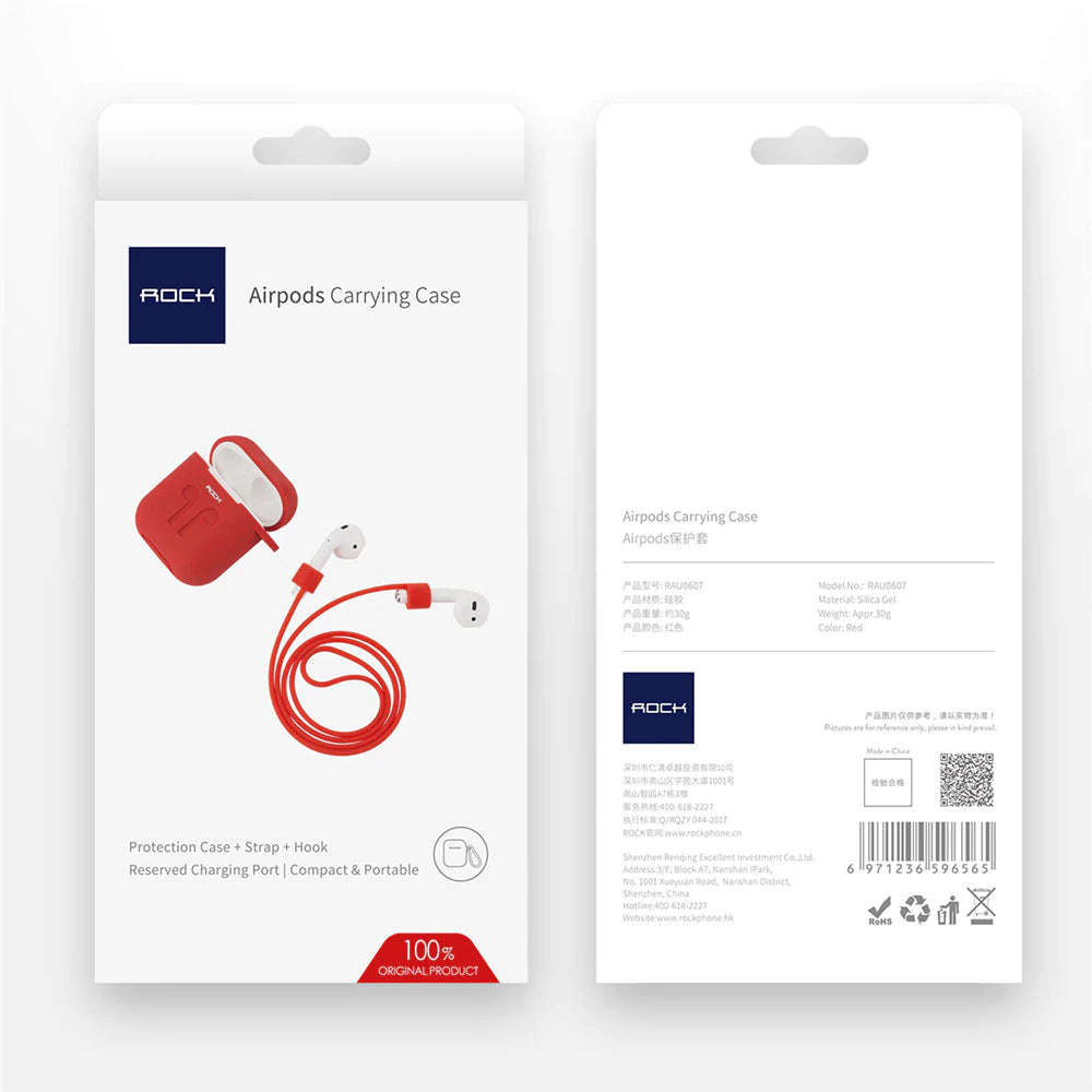 Rock AirPods Silicone Case + Anti Lost Strap, Anti Shocks Red