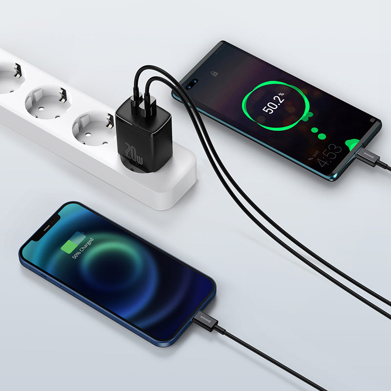 Baseus Super Si Pro fast charger with dual ports, USB-C and USB-A, featuring 30W power output for quick device charging.