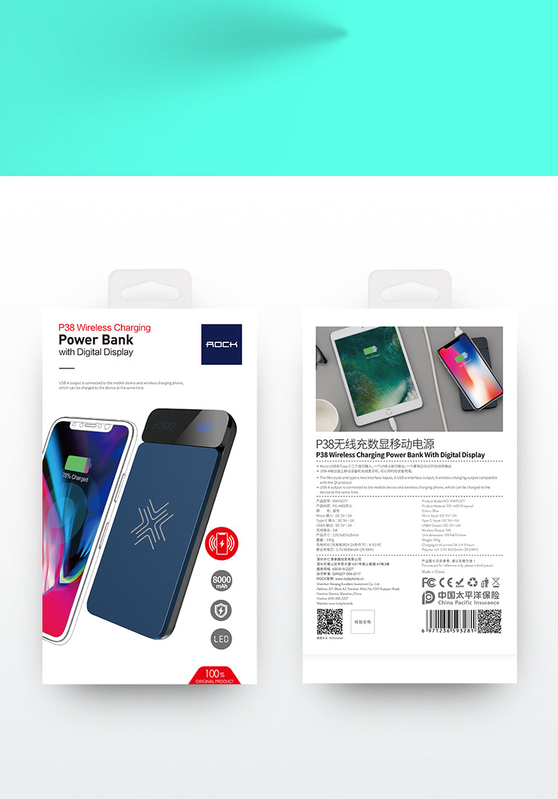 ROCK QI Wireless Charger Power Bank 8000mah with Digital Display Red