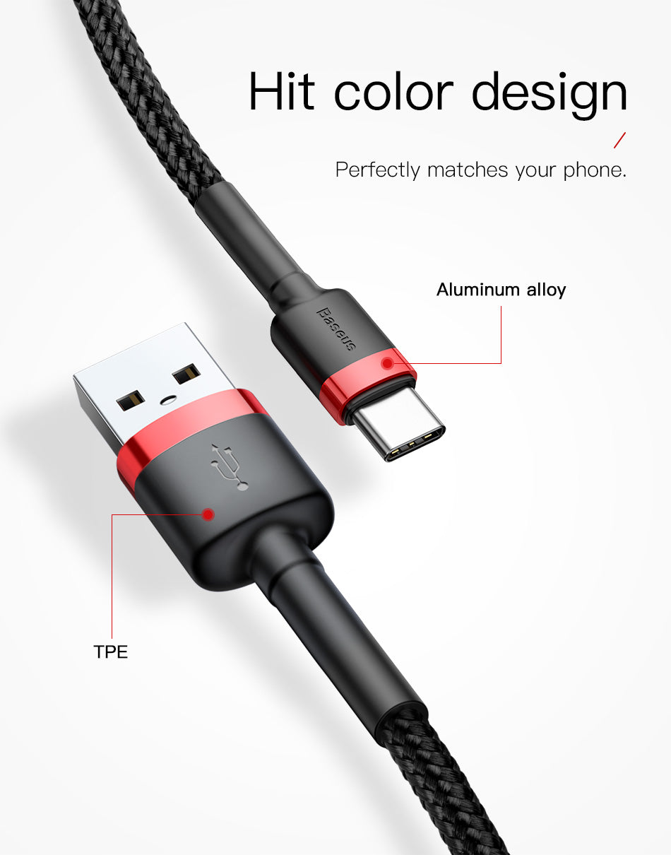 Cafule By Baseus Anti-Cut Cable, USB For Type-C QC 3.0 1M Black/Red