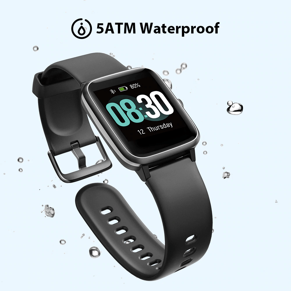 UMIDIGI Uwatch 3 full touch waterproof smartwatch in black, showing a digital display with fitness and time features.