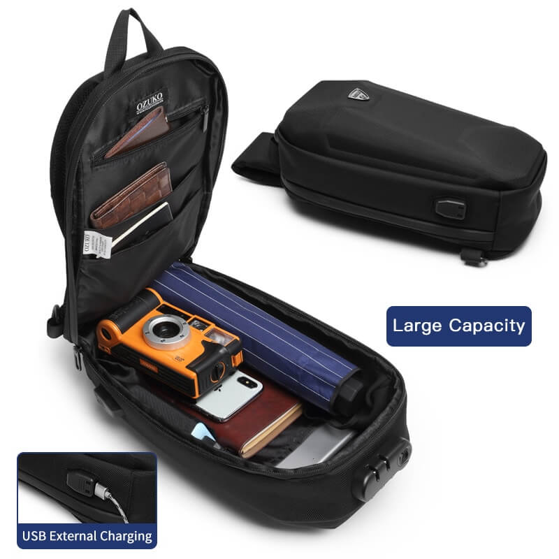 Ozuko Cross Bag, Anti Shocks &amp; Waterproof With USB - Black