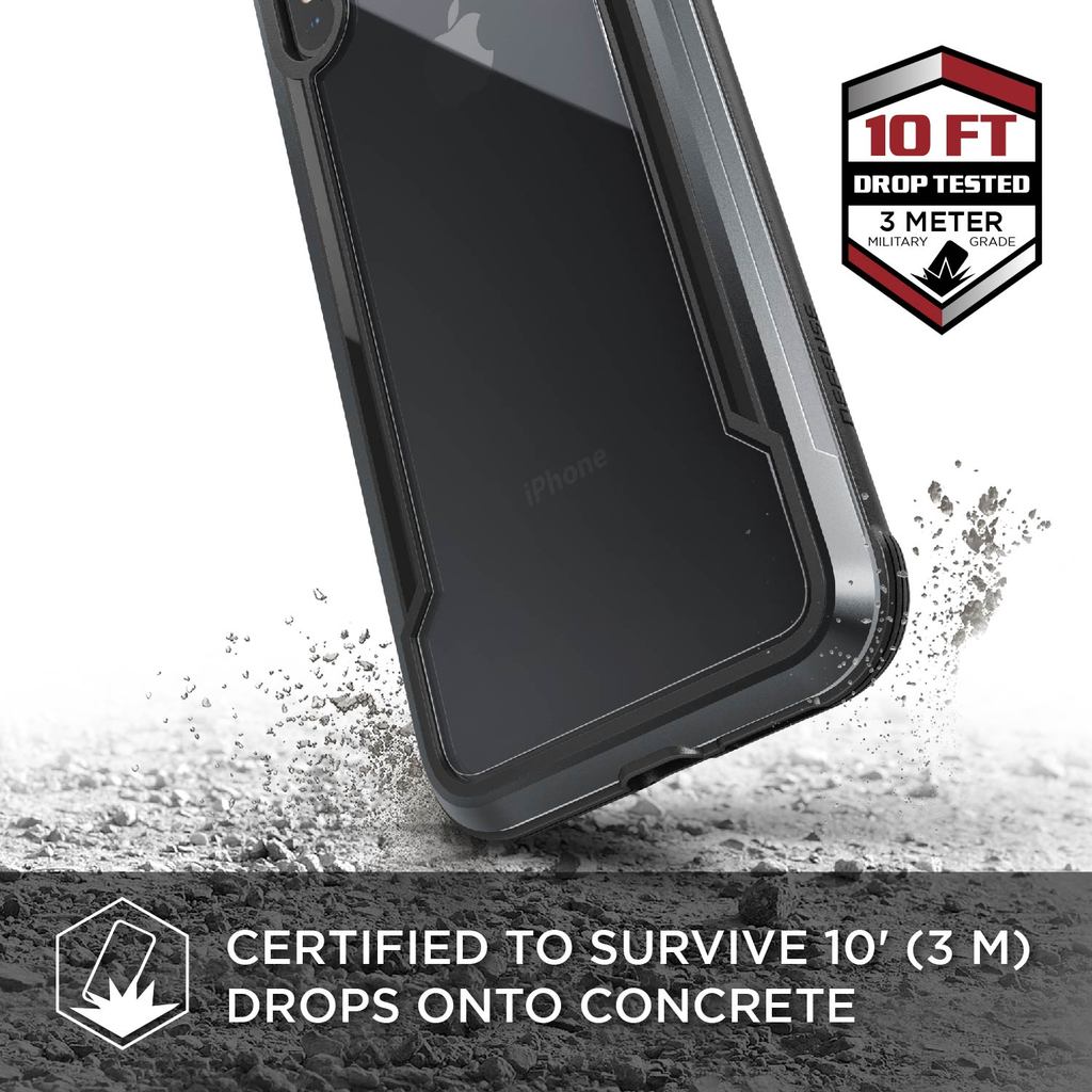 Black X-Doria Defense Shield iPhone Xs Max case with anti-shock design and textured grip, offering protection up to 3M.