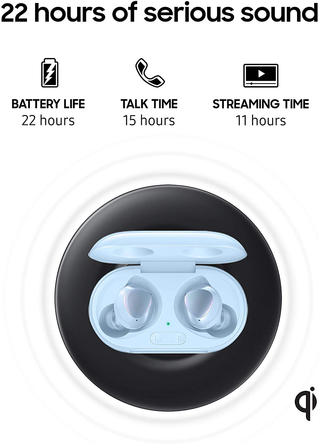 Samsung Galaxy Buds Plus by AKG in blue with charging case, wireless earbuds resting inside the open charging box