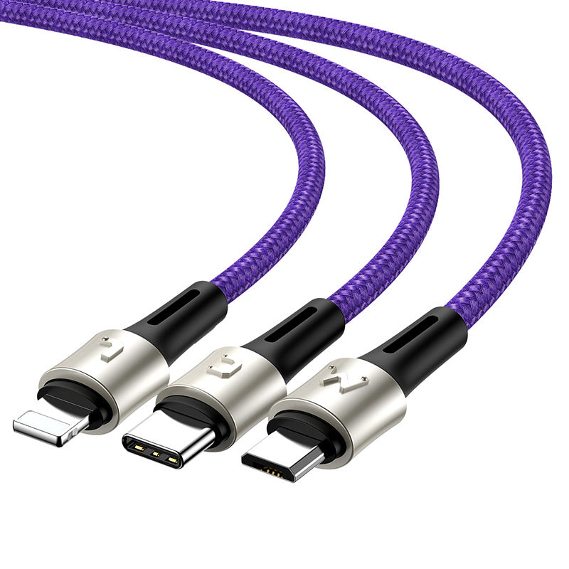 Baseus Caring Nylon Anti cut Cable 1-in-3 ( iPhone - Type C - Micro ) Purple