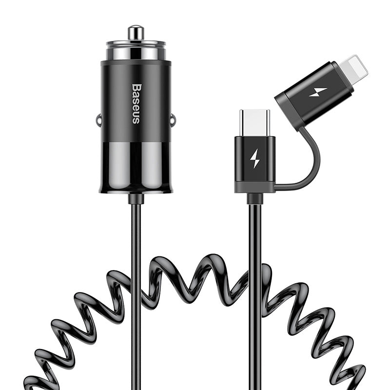 Baseus Enjoy Together 2-in-1 Car Charger &amp; Cable for iP/USB-C - Black