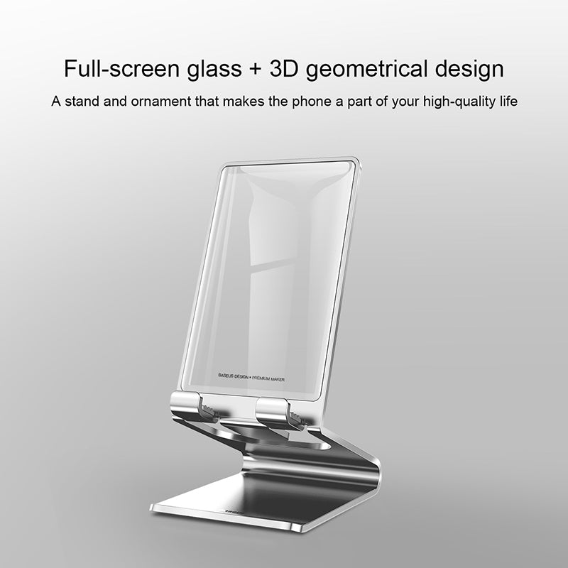 Baseus aluminum desktop bracket with glass back, featuring a sleek silver design for modern workspaces.