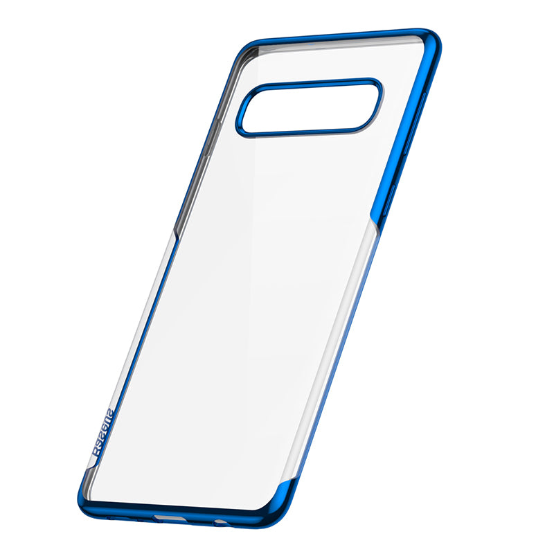 Transparent flexible phone case for Samsung Galaxy S10 by Baseus, with blue accents, showing its slim and clear design.