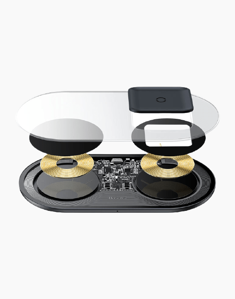 Baseus Simple 2in1 Wireless Charger Pro Edition, transparent design, charging both phones and AirPods simultaneously.