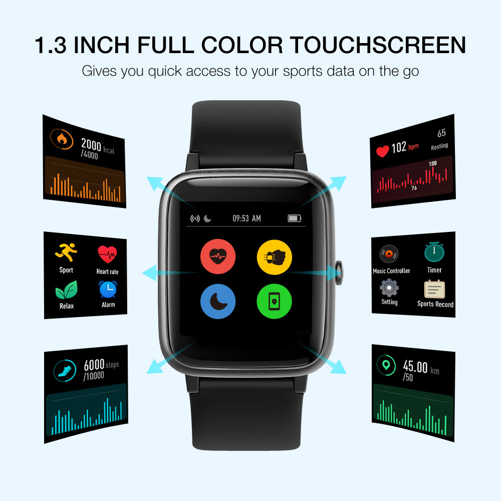 UMIDIGI Uwatch 3 full touch waterproof smartwatch in black with 9 sport modes and 50m water resistance.