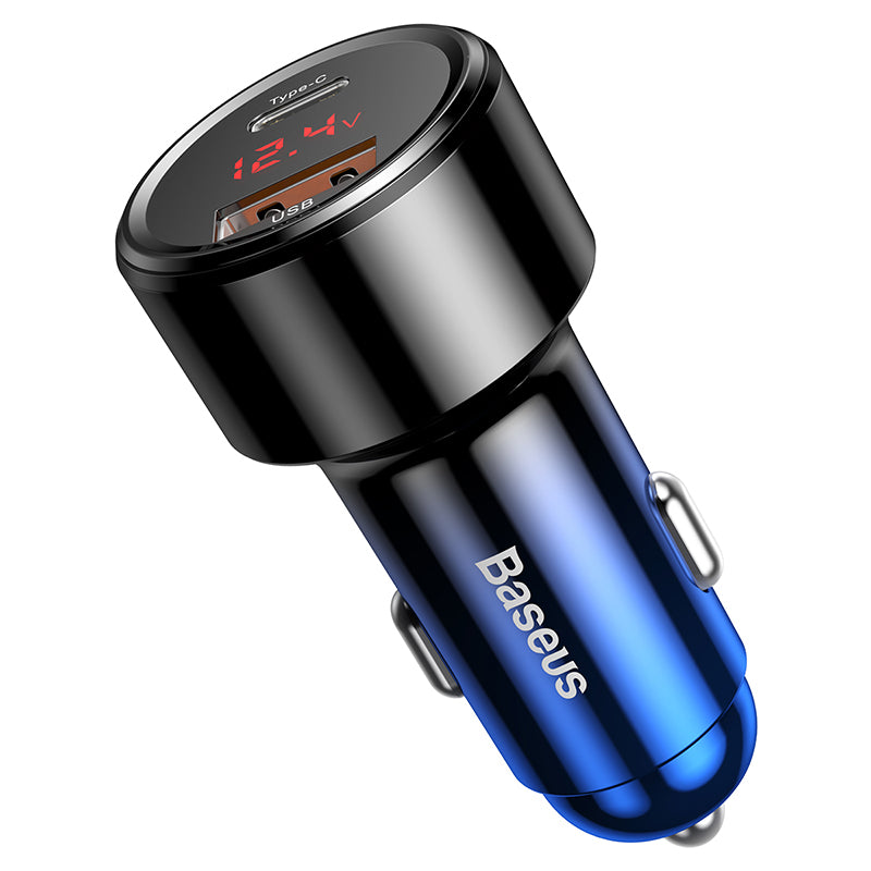Magic PPS شاحن سيارة ميتال بشاشة ديجيتال 45W بمخرجين USB + PD ازرق تدريجى