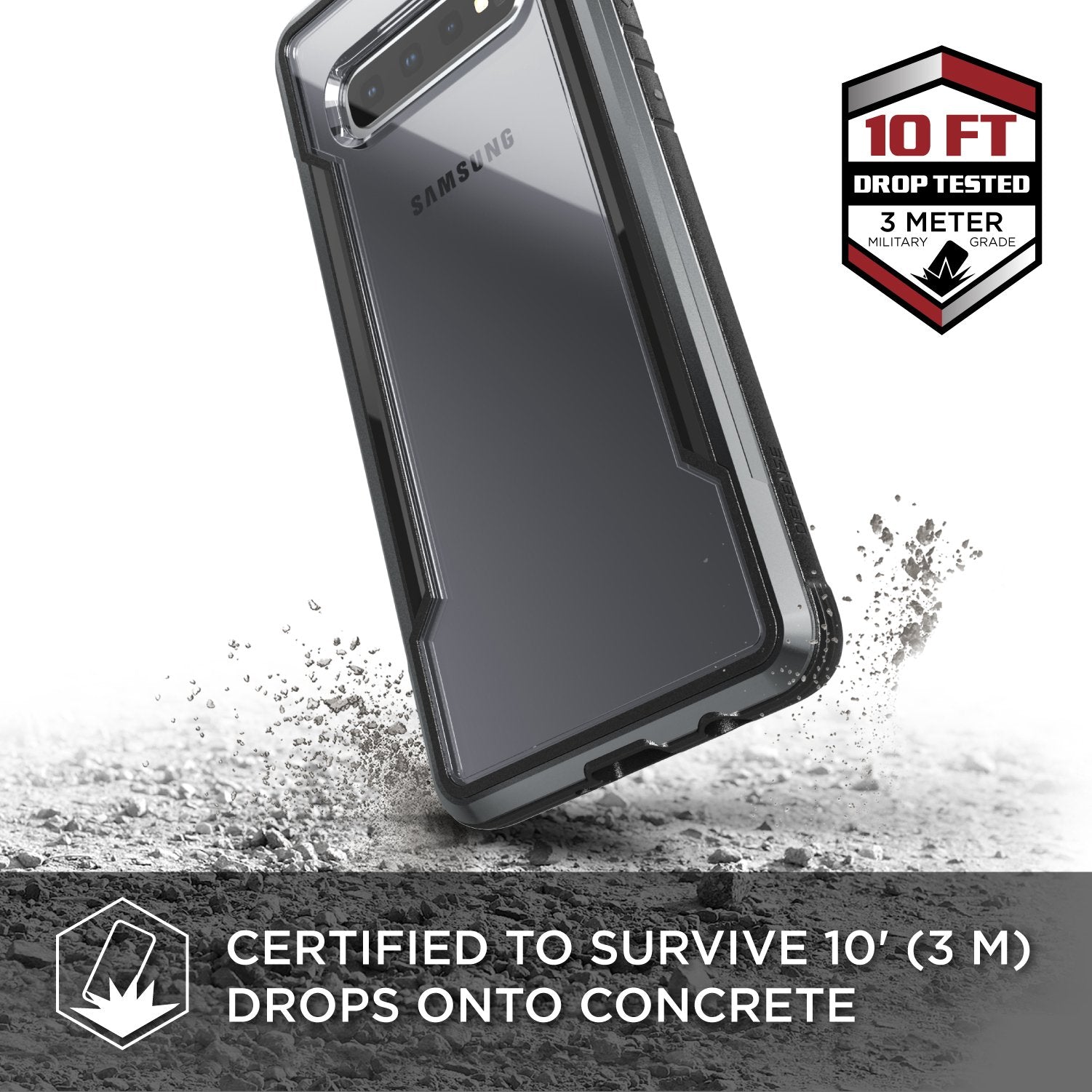 Smartkoshk Defense Shield case for Samsung Galaxy S10 Plus, drop tested with 3M black protective design and rugged construction.