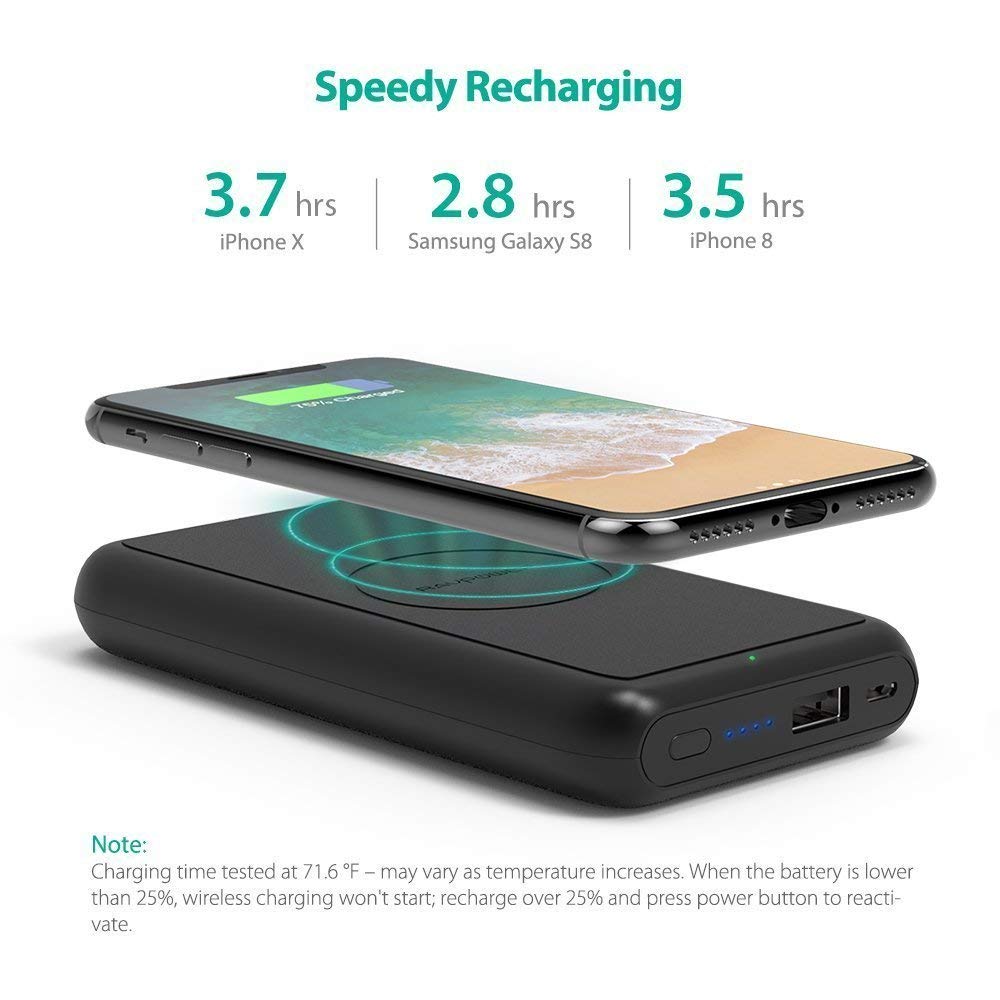 10000mAh Qi Wireless Power Bank By Ravpower Wireless charging 5W with iSmart Technology