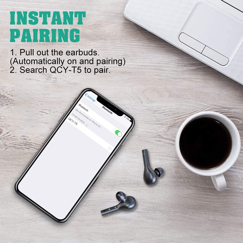 Smartkoshk QCY T5 TWS earphones with touch control, stereo sound, IPX4 waterproof, shown in a sleek black design.