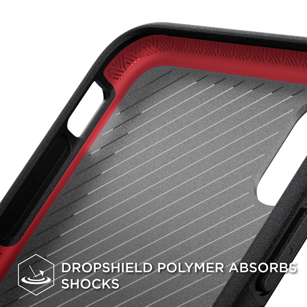 Black Defense Ultra X-Doria iPhone Xs case with shock absorption, showing the rugged exterior and reinforced corners for protection.