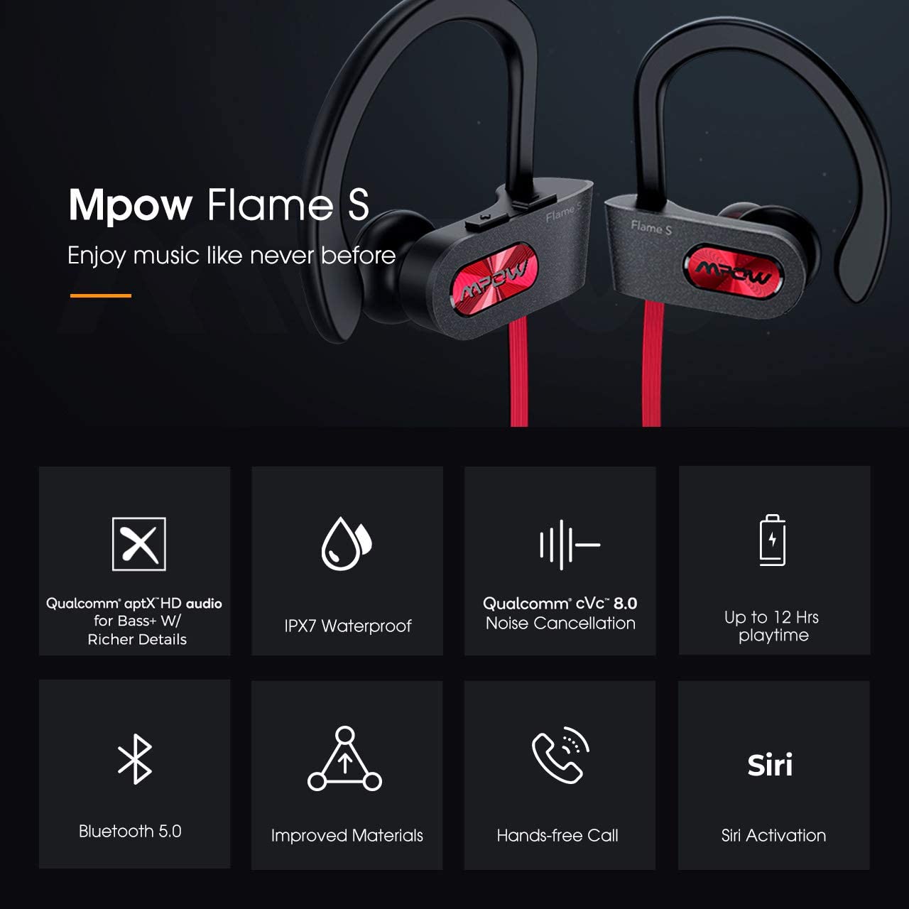 Mpow Flame S Wireless AptX-HD Bass+ Loud Sound, iPX7 Black/RED